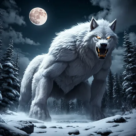 Giant Angry White Werewolf in the Middle of the Night with a Full Moon, Realistic, Full HD, Best Quality