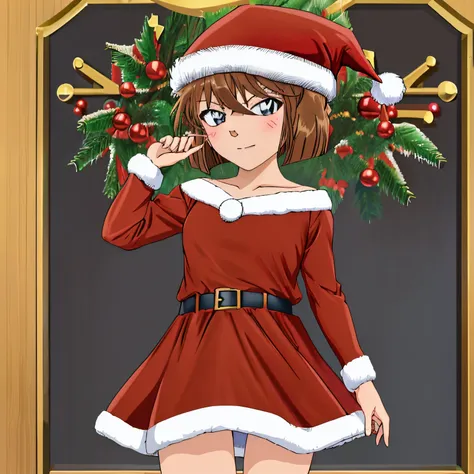 haibaratv, (1girll:1.3), anime screen cap,Brown hair,Short hair, Indoors, sulking, Tsundere, (Red Santa Dresses:1.3), , (Santas Hat:1.3), Blushing, Haibara Grossein Maillot, ((Best Quality, 8K, masutepiece: 1.3)), full body Esbian, focus claire: 1.2, Outst...