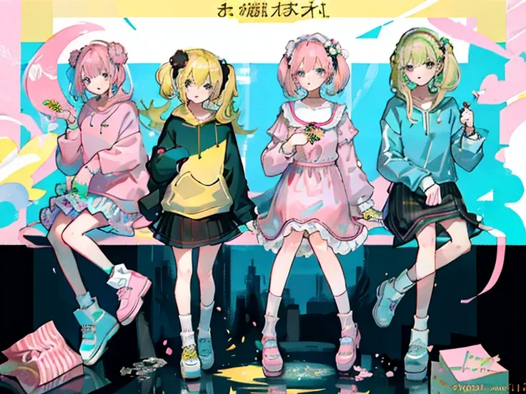 supreme， green down jacket，lime color hair，pink eyes，Standing on your feet，submachine gun，Chinese girl design，Detailed Genshin graphics，anime character design，anime concept art，pretty anime character design，anime character reference sheet，[Character design...