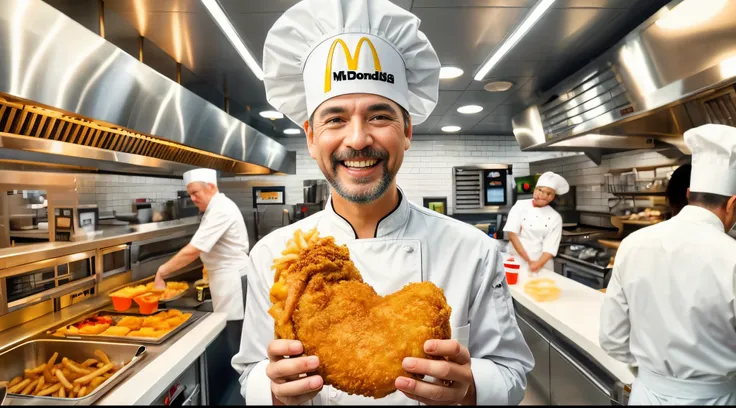 old  man in a chefs hat holding a fried chicken heart, image of ronald mcdonald, ronald mcdonald, mcdonald, advertising photo, promotional render, mc donalds, commercial photo, now at mcdonalds, super realistic food picture, happy chef, in the background, ...