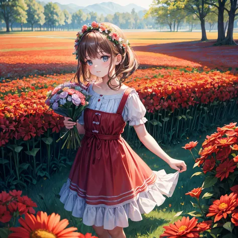 There  a little girl in a red and white dress holding a bouquet of flowers, Girl in the flowers, Pick flowers, Holding flowers, Pick a flower, girl standing in flower field, girl standing in flower field, Inherit the flowers on the cheeks of the human face...