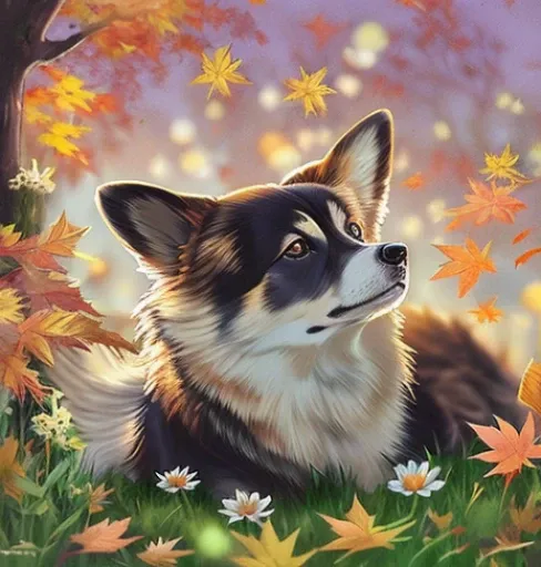 Black Welsh corgi, Glowing Design, Pastel Colors, Ink Drops, Autumn Lights, Closed Eyes, Final Fantasy 14,