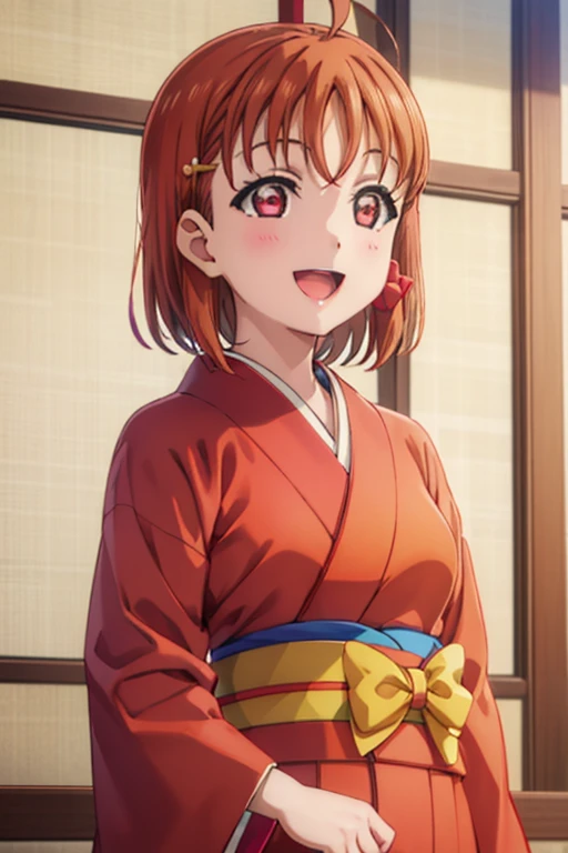 (((pixel perfect, Detail Perfect)))，Solo, 1girl in, Chika Takami, bowtie, Looking at Viewer, Smile, :D，red orange kimono，Furisode，Kimono，shrines