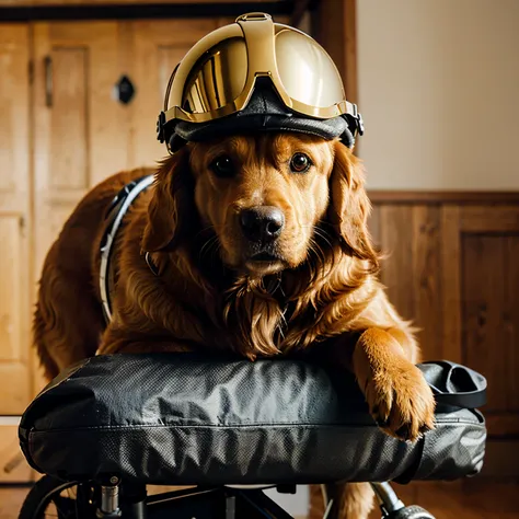 Create an image of a Golden Retrivier with a bicycle helmet and goggles