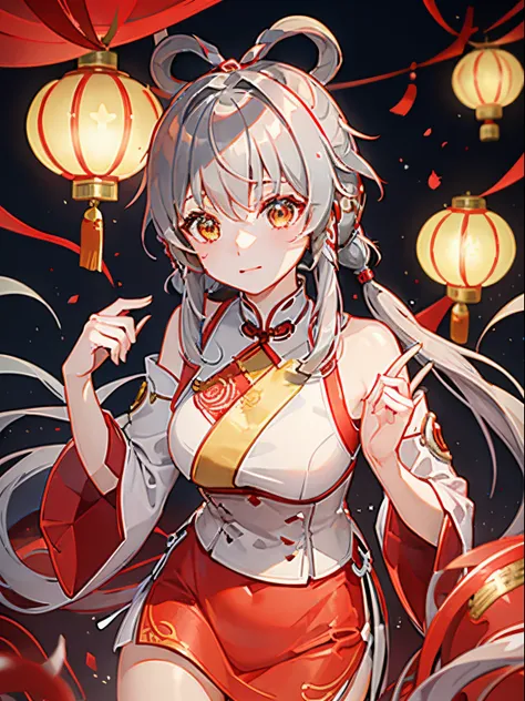 new year，UE5，Gray hair，Red cheongsam，Festive atmosphere，red hairband，Red lanterns，traditional chinese style home