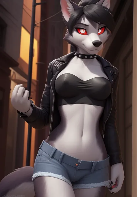 anthro, ((hellhound)), ((dark grey fur)), female, solo, 1woman, small breasts, ((denim shorts)), ((leather jacket)), ((tube top)), ((red sclera)), ((white eyes)), wolf tail, ((black ponytail)), ((black hair)), city street scene, courier bag, spellbook, on ...