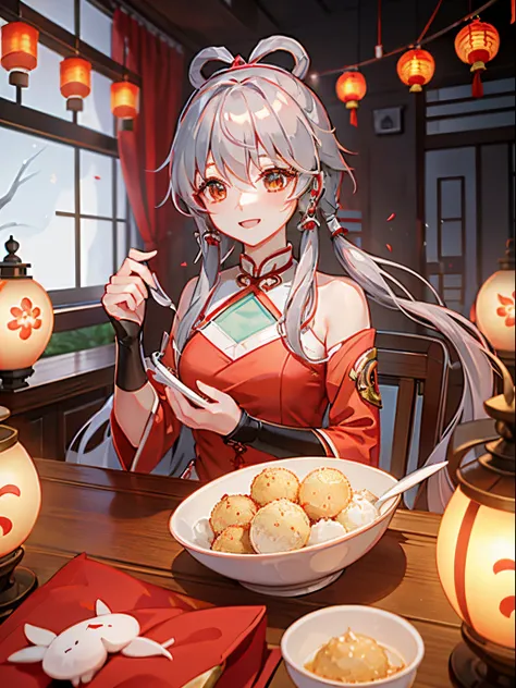 new year，UE5，Gray hair，Red cheongsam，Festive atmosphere，red hairband，Red lanterns，traditional chinese style home，laughing joyfully，inside in room，celebrating，Half-body standing