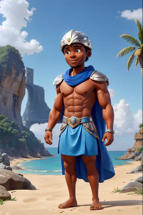 30-year-old muscular African man, barefoot, wearing a blue skirt, cape and a silver Roman helmet, in front of the beach