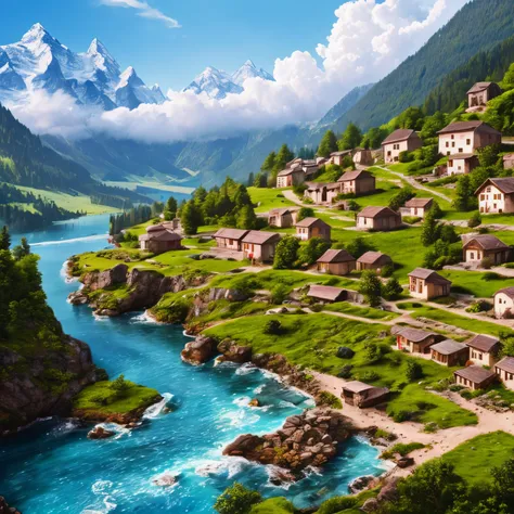 finest image, 8k, RAW photo, realistic, detailed and delicate depiction and flashy and dynamic painting method, small remote village that looks like something out of a fairy tale