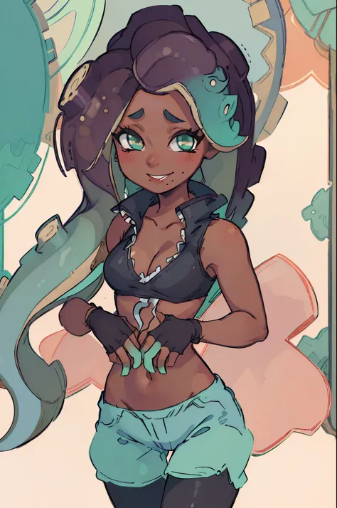 (masterpiece, best quality:1.2), cowboy shot, solo, 1girl, marina, dark skin, dark-skinned female, smile, looking at viewer, tentacle hair, crop top, vest, shorts, green pantyhose, gloves, cleavage