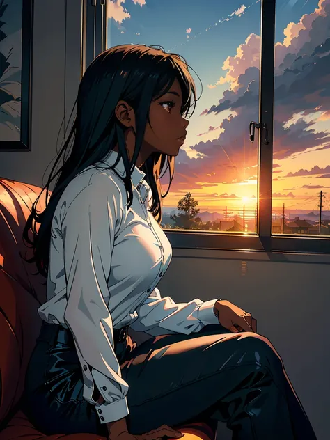 sunset, depth of fields、high resolution details, ultra-detailed、filming、surrealism、Soft volumetric light、(1 pretty black girl with dark skin and realistic brown eyes, full lips ebony nose) 、Ray tracing、diffused (glass reflection)、casual outfit, surrealism,...