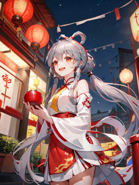 new year，UE5，Gray hair，Red cheongsam，Festive atmosphere，red hairband，Red lanterns，traditional chinese style home，laughing joyfully