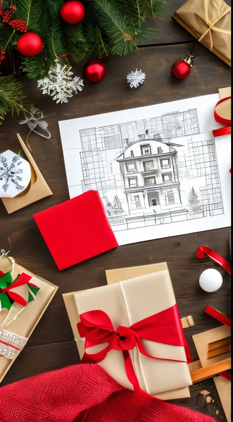 On a piece of ，Construction drawings of interior decoration，There are Christmas elements on the drawing，Christmas elements combined with construction drawings