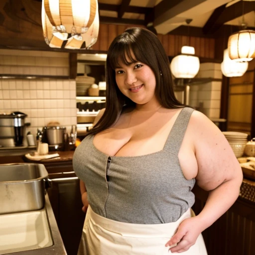 Super obese female clerk、300 lbs very obese、Very obese Japanese woman with monster big breasts in her 50s with brown hair., Apron　Super obese and short