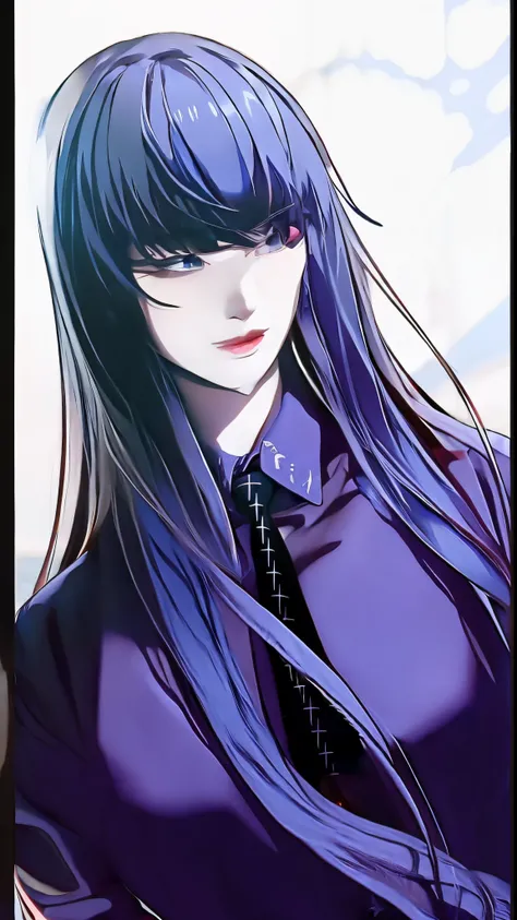 anime girl with long blue hair wearing a purple shirt and tie, she has black hair with bangs, gapmoe yandere, high quality anime artstyle, anime girl with long hair