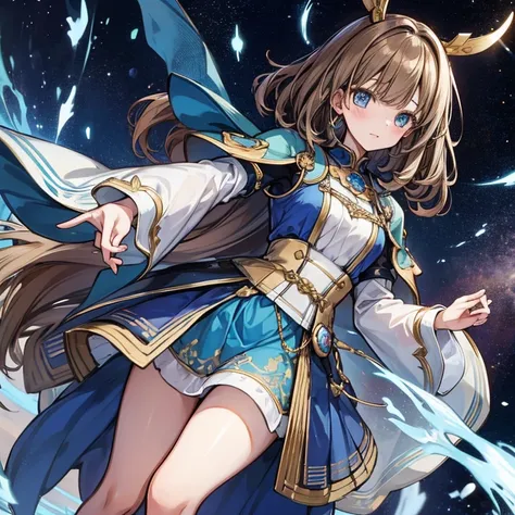 teens girl，Light brown hair, eBlue eyes, vivaciousness, Genki, Noble girl, astrologer, a blue dress, Oh, God, medieval timeage noble