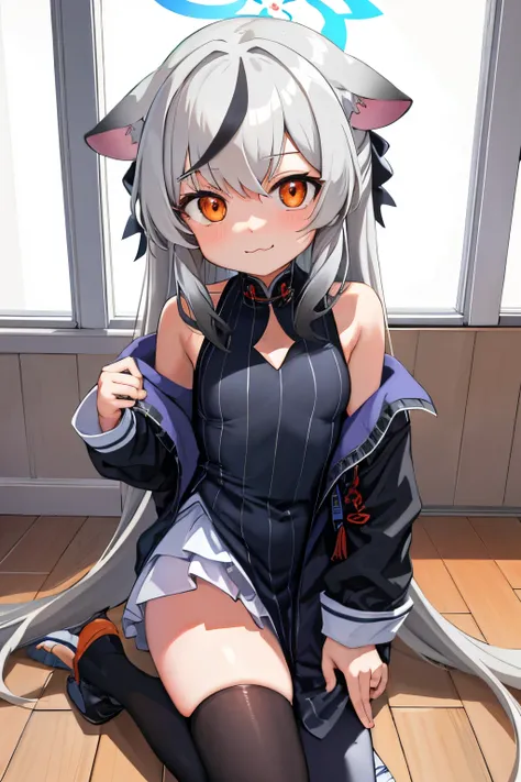 tmasterpiece， best qualtiy， ultra - detailed， 1girll，Gray hair Kokona， inside in room， orange eye， ：3，the face， closeup cleavage, at school