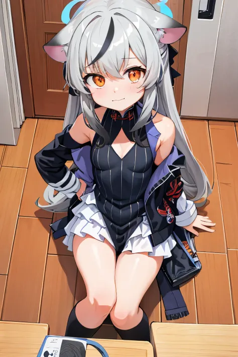 tmasterpiece， best qualtiy， ultra - detailed， 1girll，Gray hair Kokona， inside in room， orange eye， ：3，the face， closeup cleavage, at school