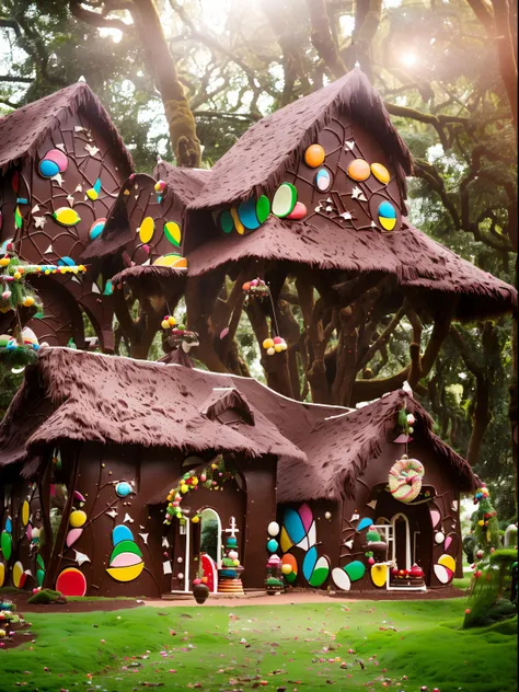 (RAW Photos, Best Quality), scene inside forest, ((The World of Fairy Tales)), House of sweets, (((A house made of chocolate and candy, colorful appearance))), awardwinning photo, detaile, 8K分辨率, Professional Lighting,