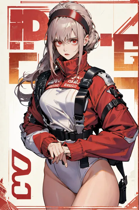 Jörfog,Spy × family role,Red pupils,brunette color hair,White headband,having fun,Fleshy thighs，Red convertible sweater，Western Metal，avauscles full，tall，Ocean park，Western Metal，Promotional poster style，Comic cover title