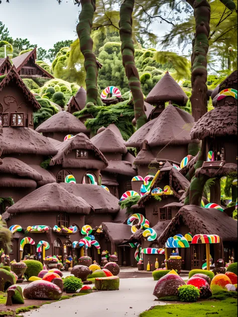 (RAW Photos, Best Quality), scene inside forest, ((The World of Fairy Tales)), House of sweets, (((A house made of chocolate and candy, colorful appearance))), pleasant village scenery, awardwinning photo, detaile, 8K分辨率, Professional Lighting,