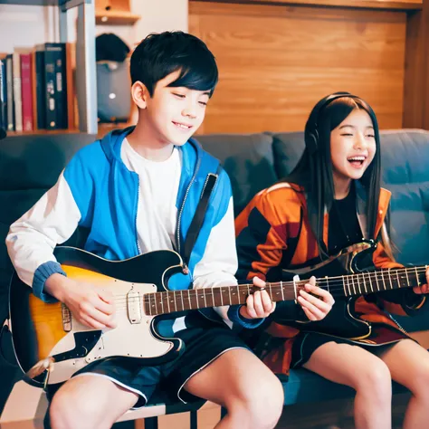 Boy with guitar, girl singing illustration