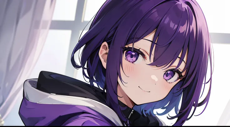 (tmasterpiece，4k wallpaper，best qualtiy))、((girl with１a person))、(独奏)、Brilliant，(Purple hair)、short-cut、close up of face、a smile、a room、natta、parka