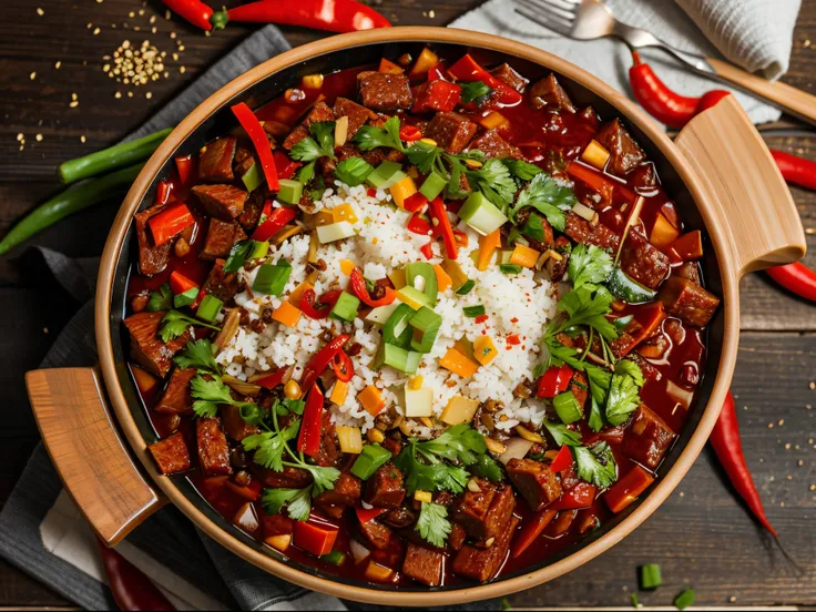 There was a bowl of food，There are a lot of vegetables in it, sichuan, Tasty, High quality food photography, high qulity, sliced meat, chili pepper,