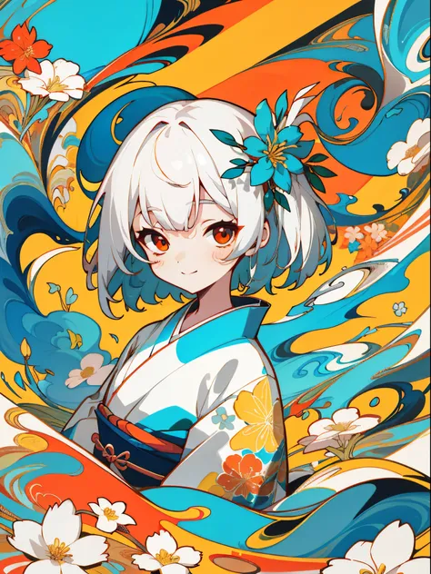 masterpiece, ultra-high quality, ( ultra detailed original illustration), ((chibi mode)),( little girl joyful facial expression, red eye, short hair, white hair, sunny smile, upper body, perfect body), ((kimono fashion)), ((flowers sakura)(graffiti)), doub...