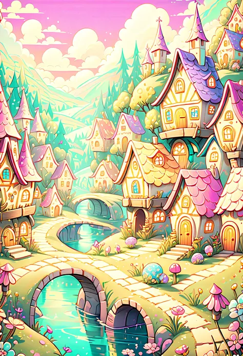 (whimsical cyber fairy grunge village illustration:1.3), grunge elements effortlessly blend with fairy tale aesthetics, (((the i...