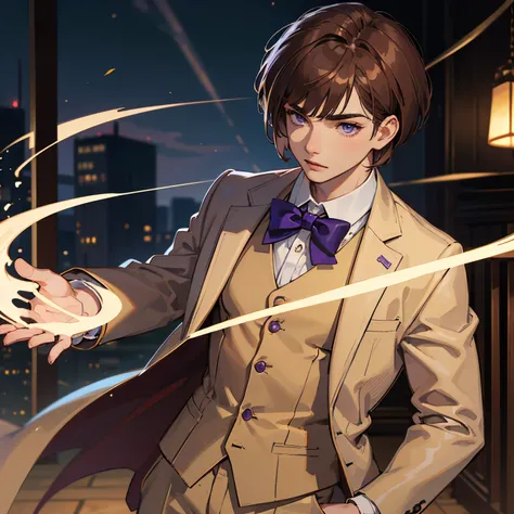 ​masterpiece、top-quality、Perfect body、delicate facial details、full bodyesbian、1 boy、独奏、Strong、Purple eyes、(light brown bob hair:1.3)、student clothes、blazers、Beige knitted vest