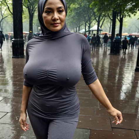 56 years Old, Indonesian Hijab milf, Ultra Droopiest gigantic saggiest longest mature tits : 96.9, wearing tight T-Shirt, Wearing Tight Bra, Her bra cannot cover her Gigantic breast, Busty body, Wet body, rainy atmosphere, heavy rain, at central park, full...