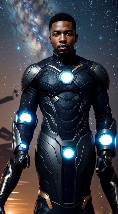 handsome black man wearing a scifi superhero costume in a sci fi location with the stars and galaxy behind him