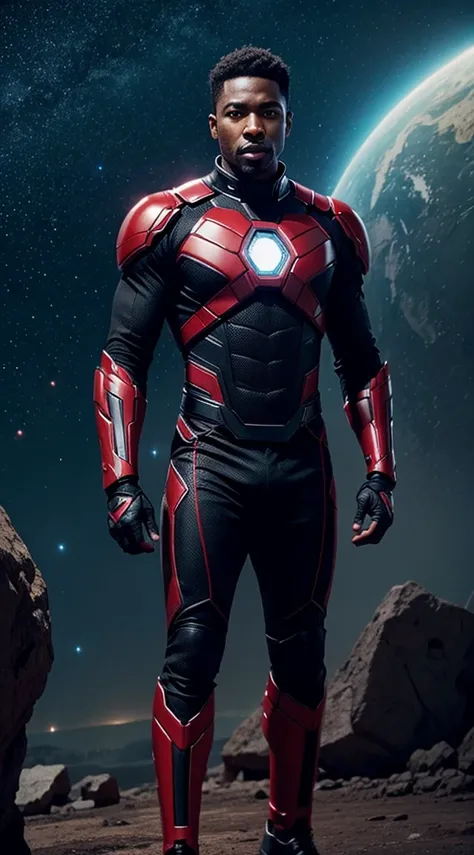 handsome black man wearing a scifi superhero black and red costume in a sci fi location with the stars and galaxy behind him