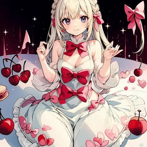 masterpiece, best quality, high quality, ultra detailed, a cute bottle, bow, macaron, cherry, 1girl