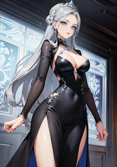 elegant and timeless beauty with sleek, silver-gray hair, captivating sapphire blue eyes, dressed in a sophisticated black high-neck dress, adorned with vintage pearl jewelry, projecting grace and sophistication