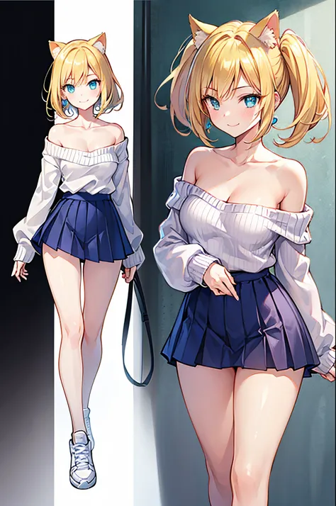 Realistic image, detailed image, 1 girl. She has cat ears. She has greenish blue eyes. She has long blonde hair, wears earrings. She wears a long boiled sweater, off shoulder V-neck. Pleated mini skirt with ruffles. sexy thin thong. sneakers. She has small...