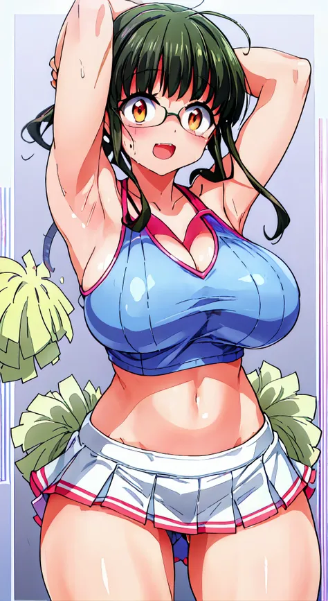 gym, Exasis,(cheerleaders、NSFW), Hot, Sweating, full of sweat,, ((Huge breasts)),(hair removal on thighs, Yellow Sports Bra、Light blue mini skirt、Red colored eyes、Armpits、:D、dynamicposes、Holding a pom-pom in both hands、spreading legs