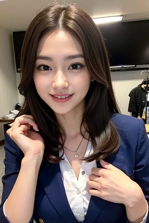 The most beautiful woman who works as a newscaster、with shiny brown hair、Wearing a navy suit、Very enchanting.。Shes full of confidence々Smiled at.、toward to the camera。her fashion and expressions、A perfect balance between cuteness and elegance、It draws the v...