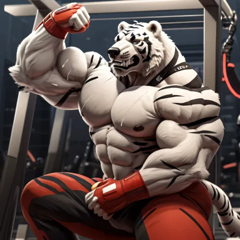 bodybuilder white tiger fucking bodybuilder polar bear  in doggy position and flexing in gym with grin face and big erect  and s...