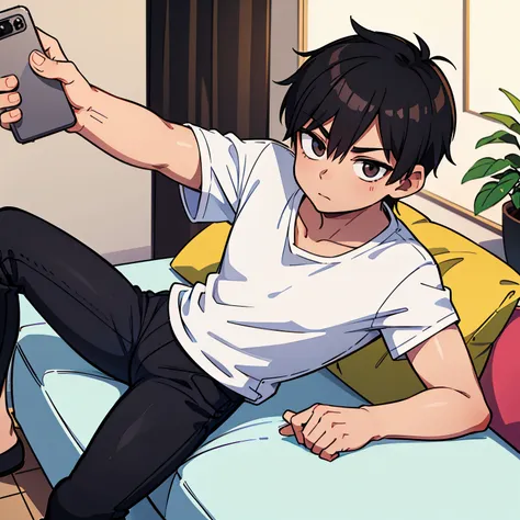 18 year old man with black hair, he  wearing a white t-shirt and black pants, he  taking a selfie, he  on the sofa, very detail