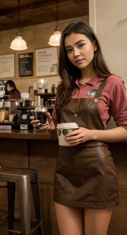 there  a woman that  standing in front of a counter，With a cup of coffee in his hand, mysterious coffee shop girl, Realistic art style, by Yang J, Surrealism female students, wearing rr diner uniform, Thanos as a Starbucks barista, realistic art style, Sur...