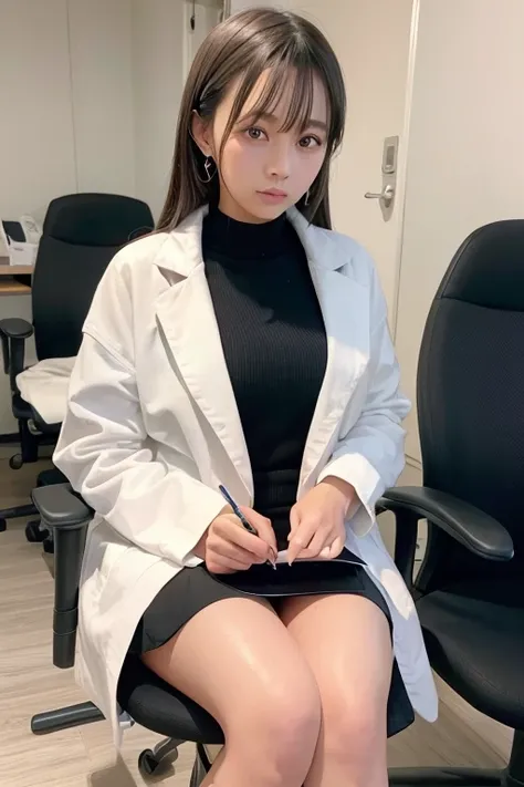 Examination room, skirt, doctors white coat, sitting on chair, writing medical records