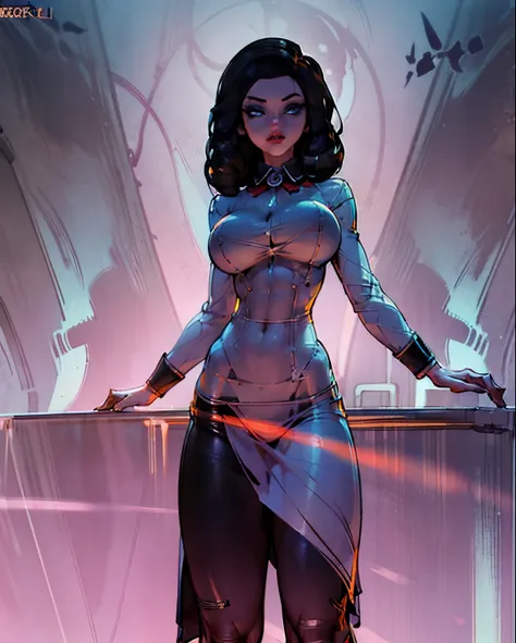 (Detailed Lights, Detailed Shadows), 1Woman, black Hair, (Elizabeth), Bioshock infinite, , White blouse, ((Detailed Eyes)), ((85mm torso body view:1.3)), black Eyetremely Detailed Clotheodern Clotheeautiful Hair, Muscular, glowing blue eyes, puffy lips, la...