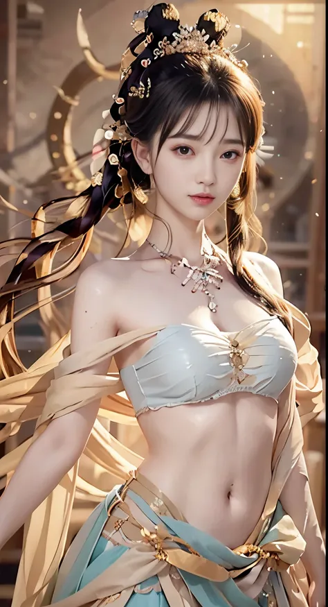 Bust photo, Pretty woman, messy hair, Girly, symmetrical bun, Hair ornaments, jewelry, delicate face, navel, belly, Dunhuang style, Many streamers, delicate skin, soft light effects, delicate and smooth hair, delicate details, eye highlights, Fair-skinned,...