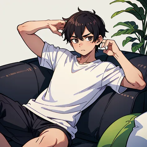 18 year old man with black hair, wearing a white t-shirt, he is taking a photo on the sofa, very detailed