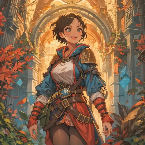 Solo heroic female adventurer in a medieval high fantasy ISEKAI setting, vibrant colors, upbeat tone, energetic, happy to see you, 90s, vintage feel