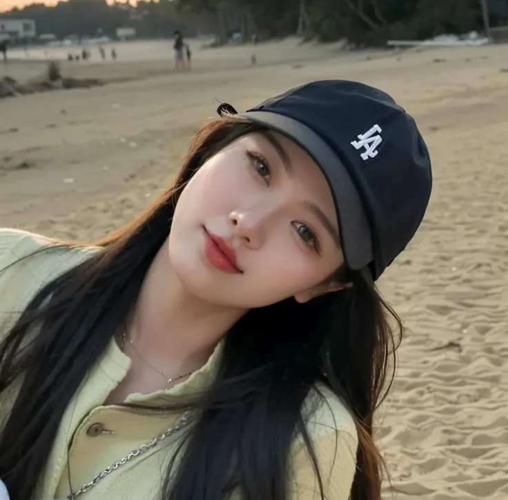 Couple woman wearing baseball cap on beach, User photo, Jiama Chan, xintong chen, Ziyu was born twice, 8k photograph, louise zhang, Wearing a cute hat, Wearing a necklace and a cute hat, Wearing a baseball cap, Di Li Gerba, beautiful Korean women, with hat...