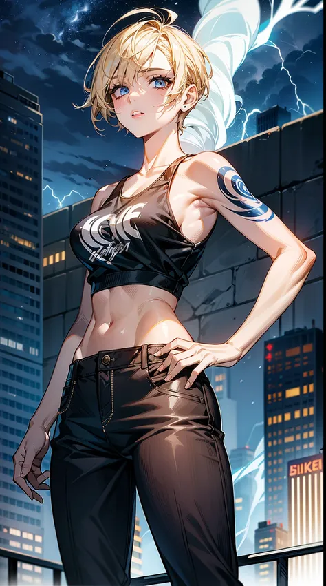 Masterpiece, best quality, high quality, ultra detailed, young girl short hair, blond hair, mohawk  haircut, blue eyes, tattoed arm with thunders, black thunder tattoos, tank top white shirt, black letter pants, on a city, in one storm, night, thunders in ...