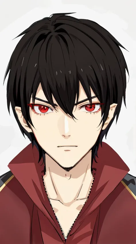 anime man with red eyes and black hair wearing a red shirt, sharp red eyes,